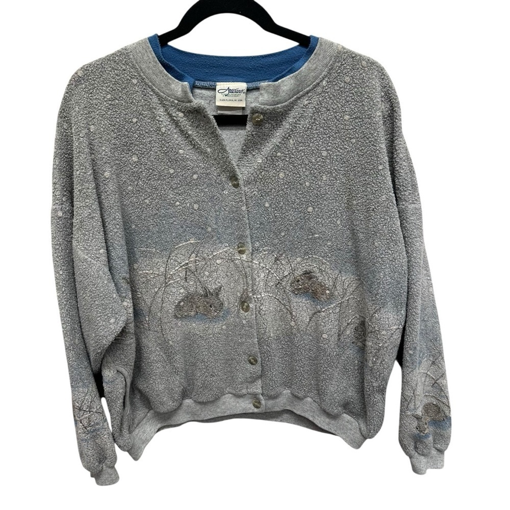 Vintage 90s Artisan Art to wear sweater cardigan bunnies print winter size large